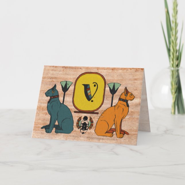Egyptian Cat Cartouche Monogram Greeting Card: V Note Card (Front)