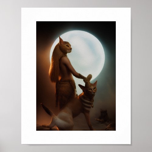 Egyptian cat goddess Bastet with her cat Poster