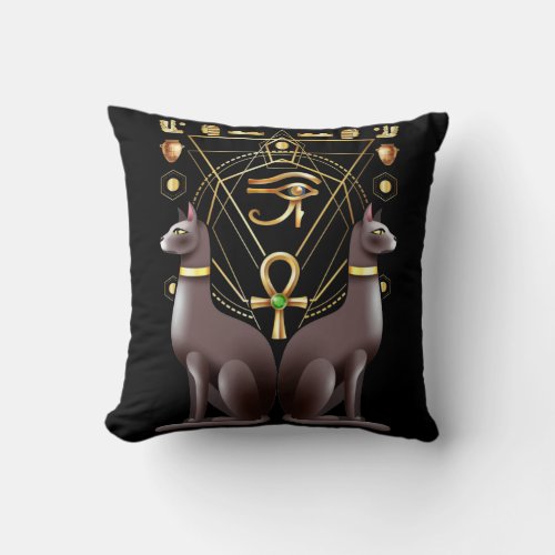 Egyptian Cat Horus Eye Ankh Sacred Geometry Throw Pillow
