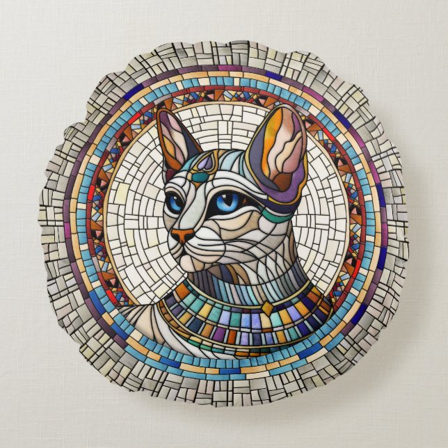 Egyptian Cat -Mosaic Art Round Pillow (Front)