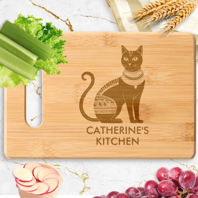 Egyptian Cat Stylish Personalized Engraved Cutting Board (A stylish wooden cutting board with elegant Egyptian style black cat picture and personalized text)
