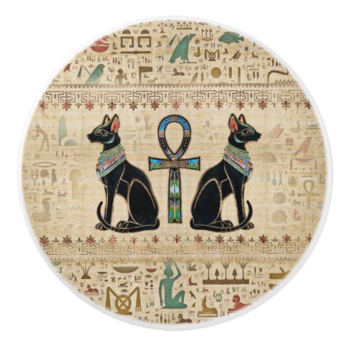 Egyptian Cats and ankh cross Ceramic Knob