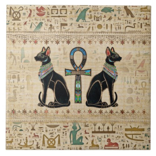 Egyptian Cats and ankh cross Ceramic Tile