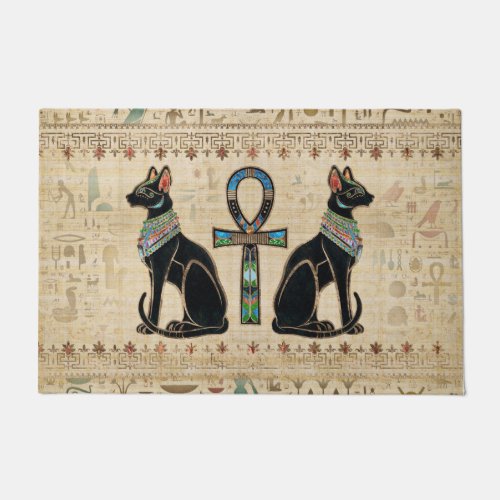 Egyptian Cats and ankh cross Doormat