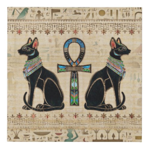 Egyptian Cats and ankh cross Faux Canvas Print
