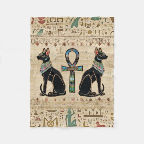 Egyptian Cats and ankh cross Fleece Blanket