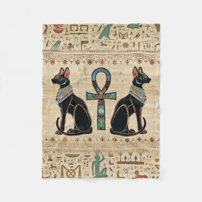 Egyptian Cats and ankh cross Fleece Blanket (Front)