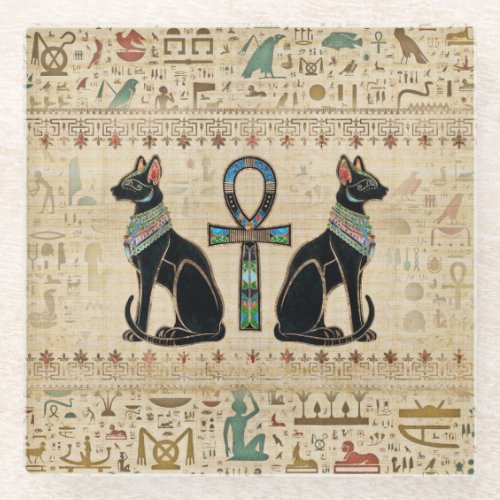 Egyptian Cats and ankh cross Glass Coaster