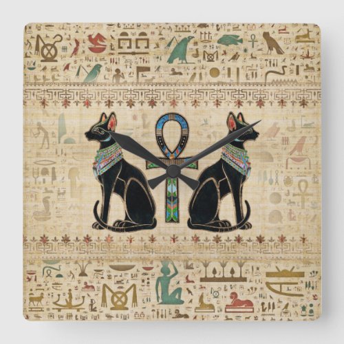 Egyptian Cats and ankh cross Square Wall Clock