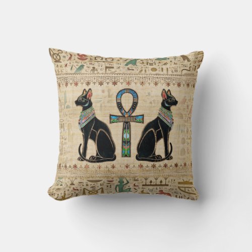 Egyptian Cats and ankh cross Throw Pillow