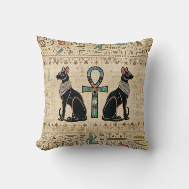 Egyptian Cats and ankh cross Throw Pillow (Front)