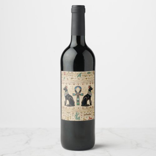 Egyptian Cats and ankh cross Wine Label