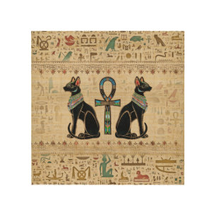 Egyptian Cats and ankh cross Wood Wall Art