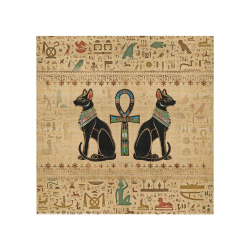 Egyptian Cats and ankh cross Wood Wall Art