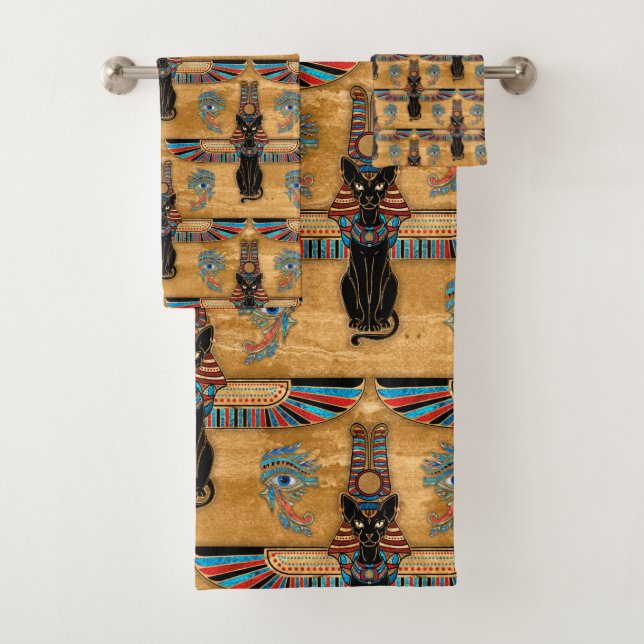 Egyptian Cats and Eye of Horus pattern Bath Towel Set (Insitu)