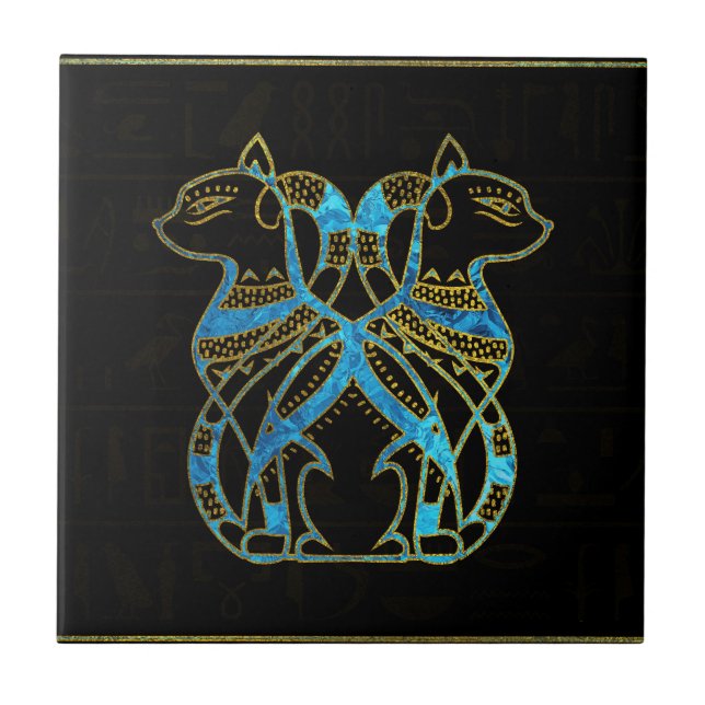 Egyptian Cats Gold and blue stained glass Ceramic Tile (Front)