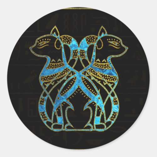 Egyptian Cats Gold and blue stained glass Classic Round Sticker