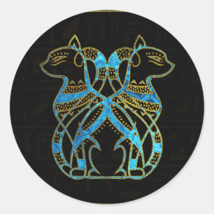 Egyptian Cats Gold and blue stained glass Classic Round Sticker