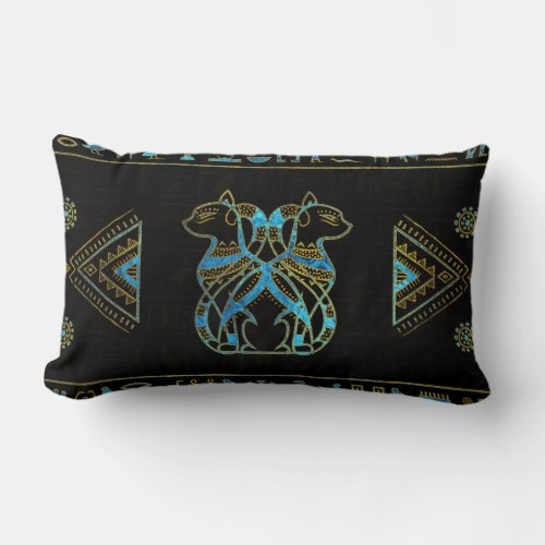 Egyptian Cats Gold and blue stained glass Lumbar Pillow