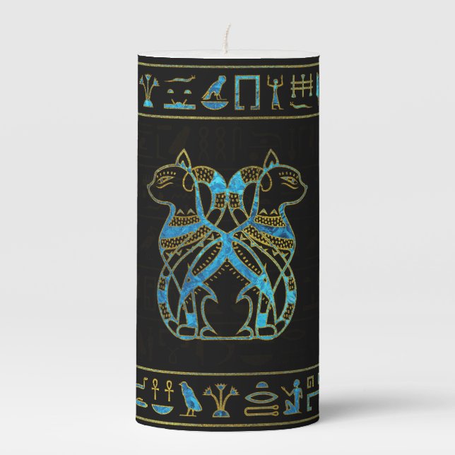 Egyptian Cats Gold and blue stained glass Pillar Candle (Front)