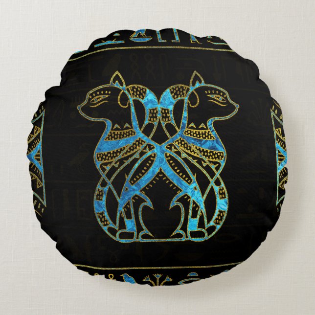 Egyptian Cats Gold and blue stained glass Round Pillow (Front)
