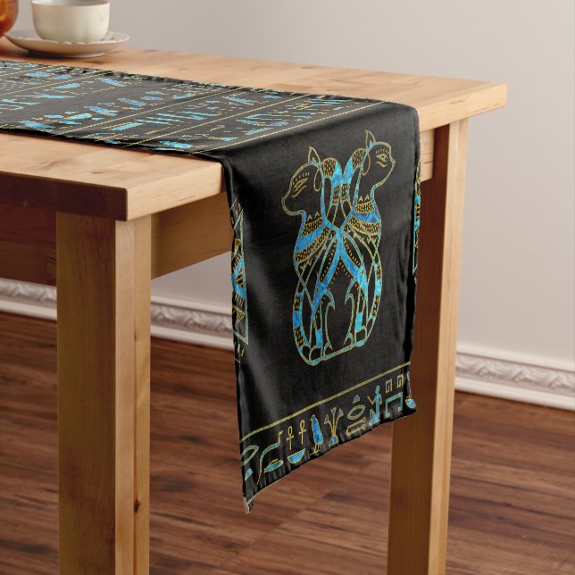 Egyptian Cats Gold and blue stained glass Short Table Runner (In Situ)