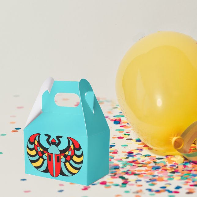 Egyptian Colorful Bold Vibrant Scarab Beetle Favor Boxes (Abstract black Scarab beetle with colourful markings on aqua blue party favor box.)