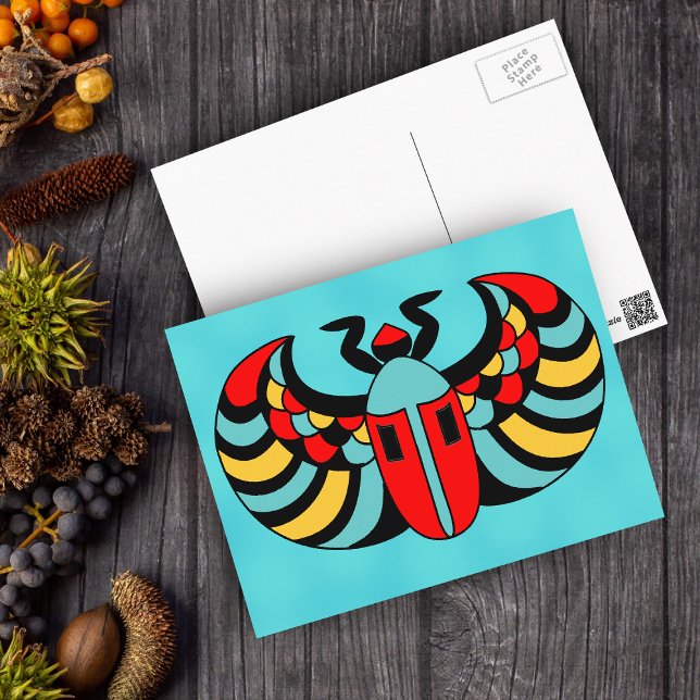 Egyptian Colorful Bold Vibrant Scarab Beetle Postcard (Brightly coloured Egyptian scarab beetle on aqua blue postcard.)