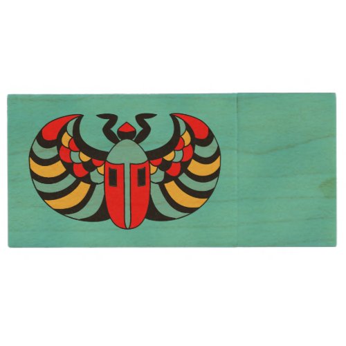 Egyptian Colorful Bold Vibrant Scarab Beetle Wood USB Flash Drive