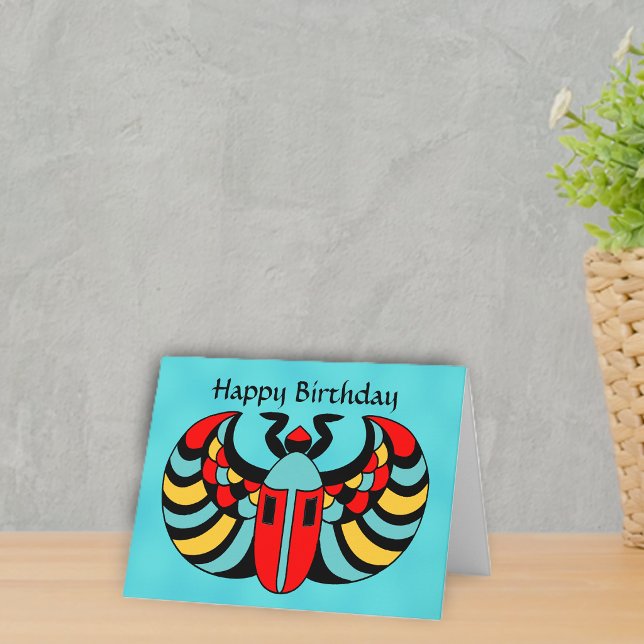 Egyptian Colorful Vibrant Scarab Beetle Birthday Card (Bright abstract coulourful Scarab beetle on aqua blue Happy Birthday greeting card.)