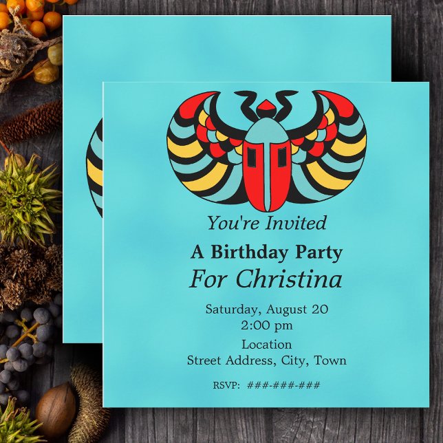 Egyptian Colorful Vibrant Scarab Beetle Birthday Invitation (Brightly coloured Egyptian scarab beetle on vibrant aqua  blue birthday party invitations.)