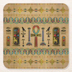 Egyptian Cross - Ankh Ornament on papyrus Square Paper Coaster