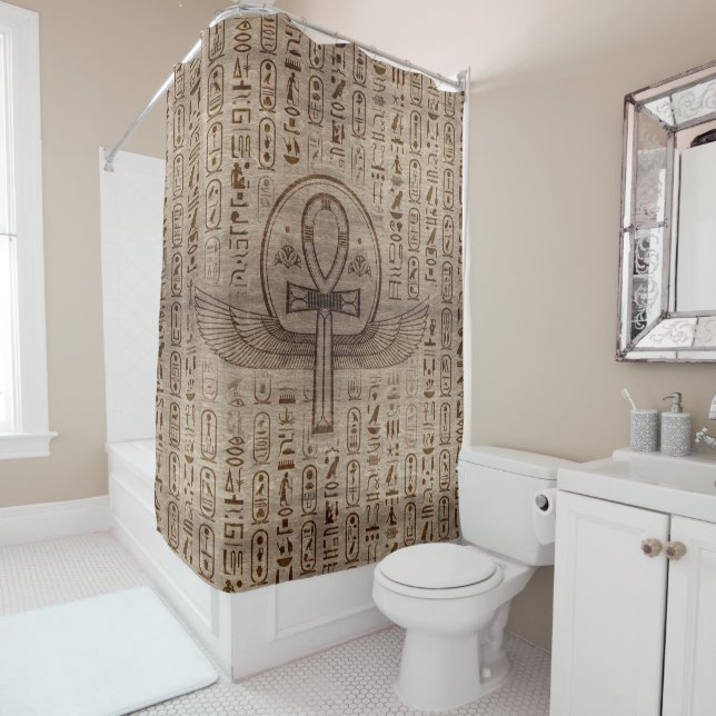 Egyptian Cross - Ankh - Wooden Texture Shower Curtain (In Situ)