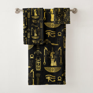 Egyptian Decorative Pattern gold on black Bath Towel Set