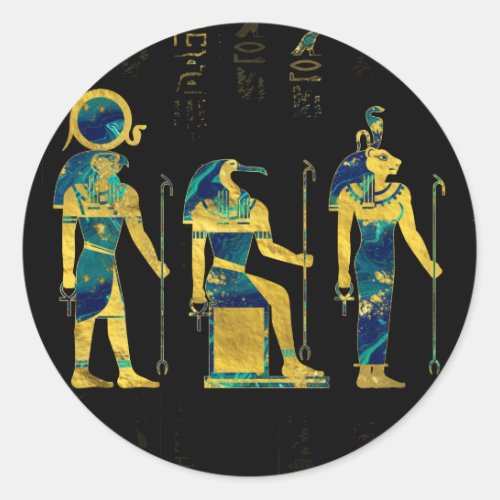 Egyptian Deities  on hieroglyphics gold and marble Classic Round Sticker