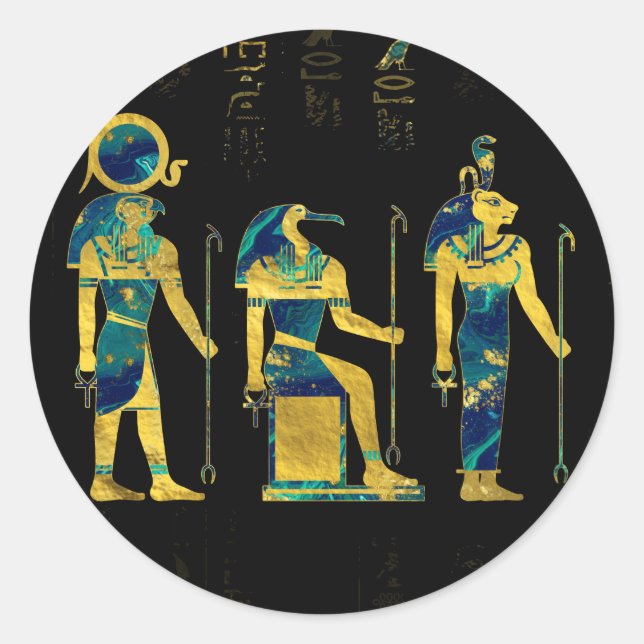 Egyptian Deities  on hieroglyphics gold and marble Classic Round Sticker (Front)