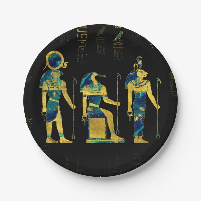 Egyptian Deities  on hieroglyphics gold and marble Paper Plates (Front)