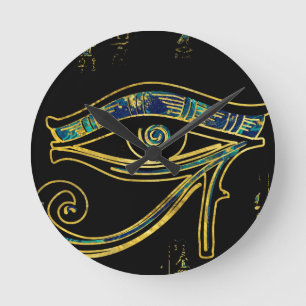 Egyptian Eye of Horus on hieroglyphics and marble Round Clock