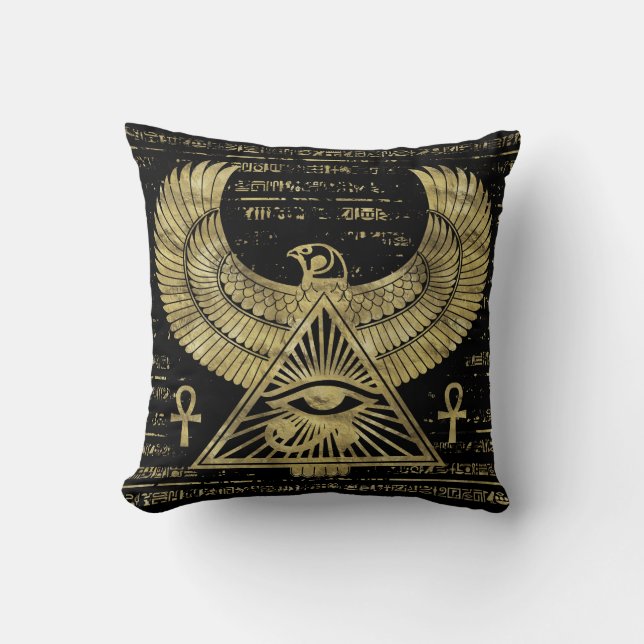 Egyptian Eye of Horus - Wadjet Gold and Black Throw Pillow (Front)