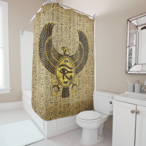 Egyptian Eye of Horus _ Wadjet Gold and Wood Shower Curtain