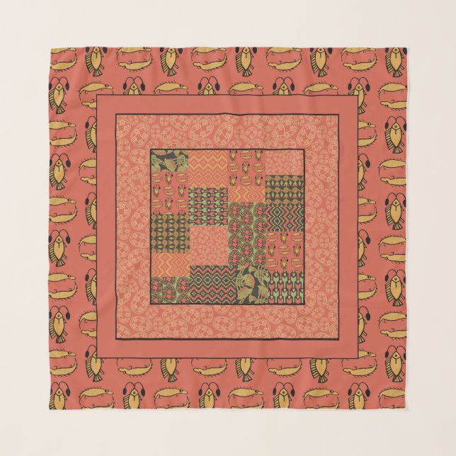 Egyptian Faux Patchwork Brick Red Tribal Patterns Scarf (Front)