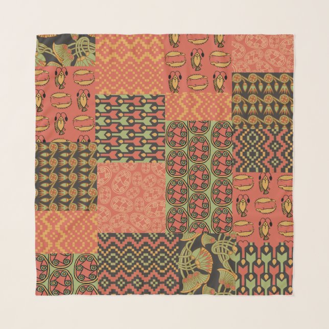 Egyptian Faux Patchwork Brick Red Tribal Patterns Scarf (Front)