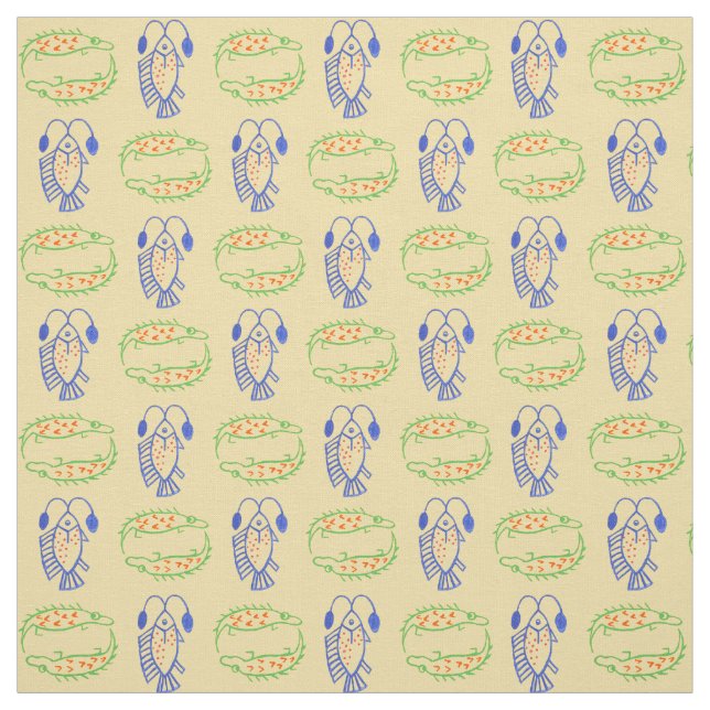 Egyptian Fish, Crocodile on Yellow Fabric (Swatch)