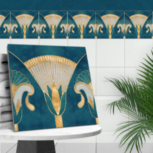 Egyptian Floral Border - Aqua Blue Marble and Gold Ceramic Tile