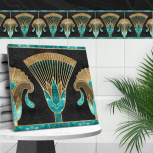 Egyptian Floral Border - Aquamarine and Gold Ceramic Tile