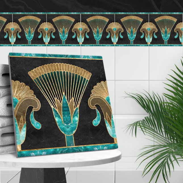 Egyptian Floral Border - Aquamarine and Gold Ceramic Tile (Creator Uploaded)