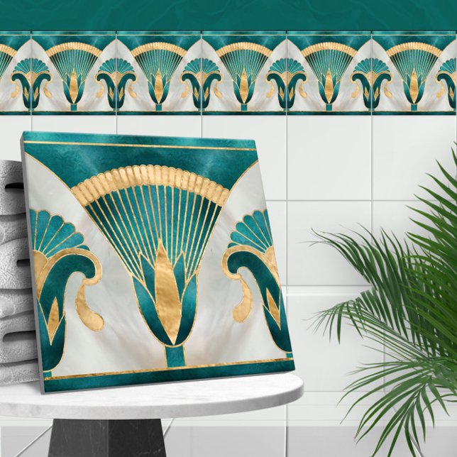 Egyptian Floral Border - Aquamarine and Gold Ceramic Tile (Creator Uploaded)