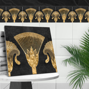 Egyptian Floral Border - Gold and Black Marble Ceramic Tile