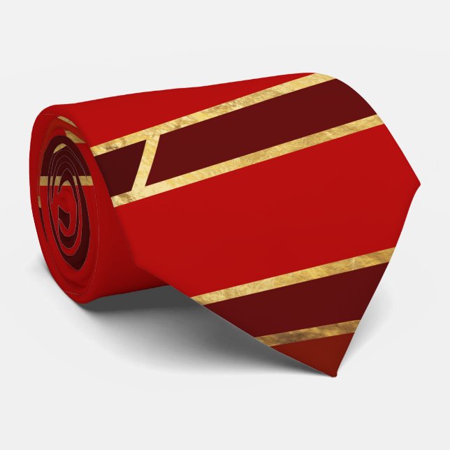 Egyptian Geometric Art Deco Red and Gold Neck Tie (Rolled)