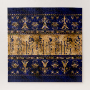 Egyptian Gods and Ornamental border -blue gold Jigsaw Puzzle